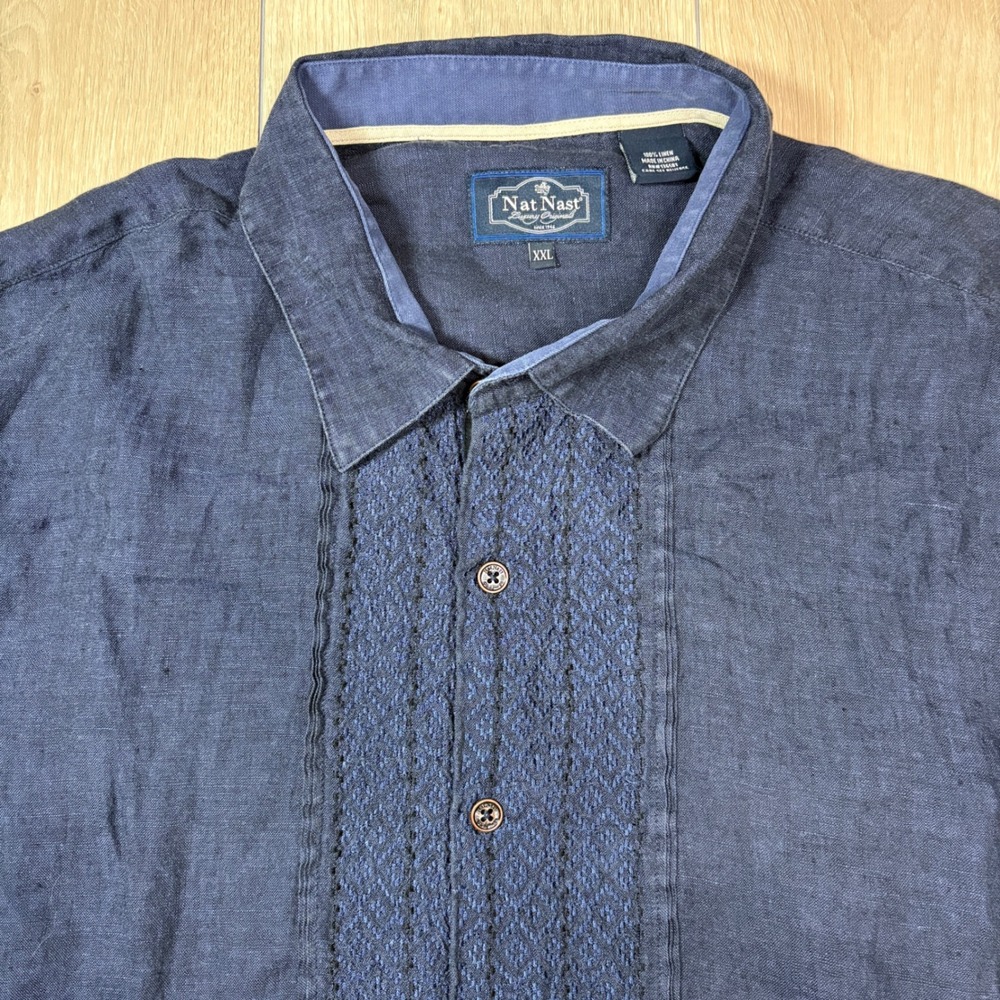 Nat Nast Luxury Originals Mens XXL Navy Blue 100% Linen Embroidered Camp Shirt - Picture 2 of 6